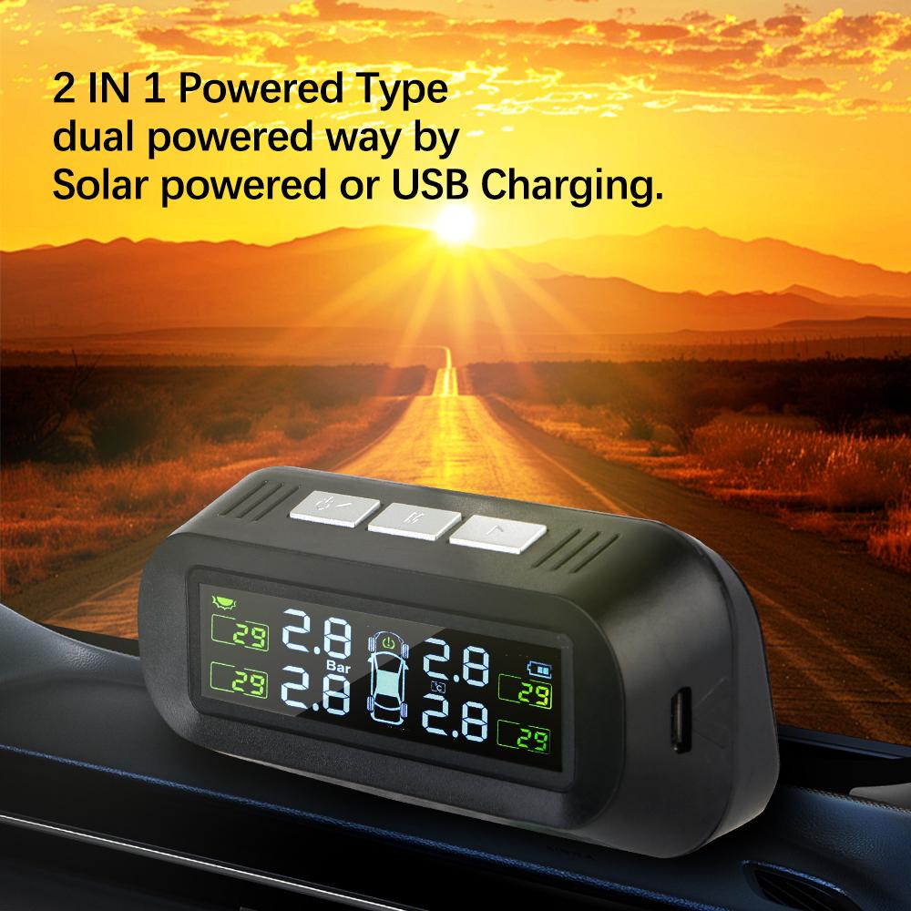 4 Exteral Sensors Solar TPMS Car Tire Pressure Monitoring System Digital LCD Display Auto Tyre Tester Security Alarm Accessories