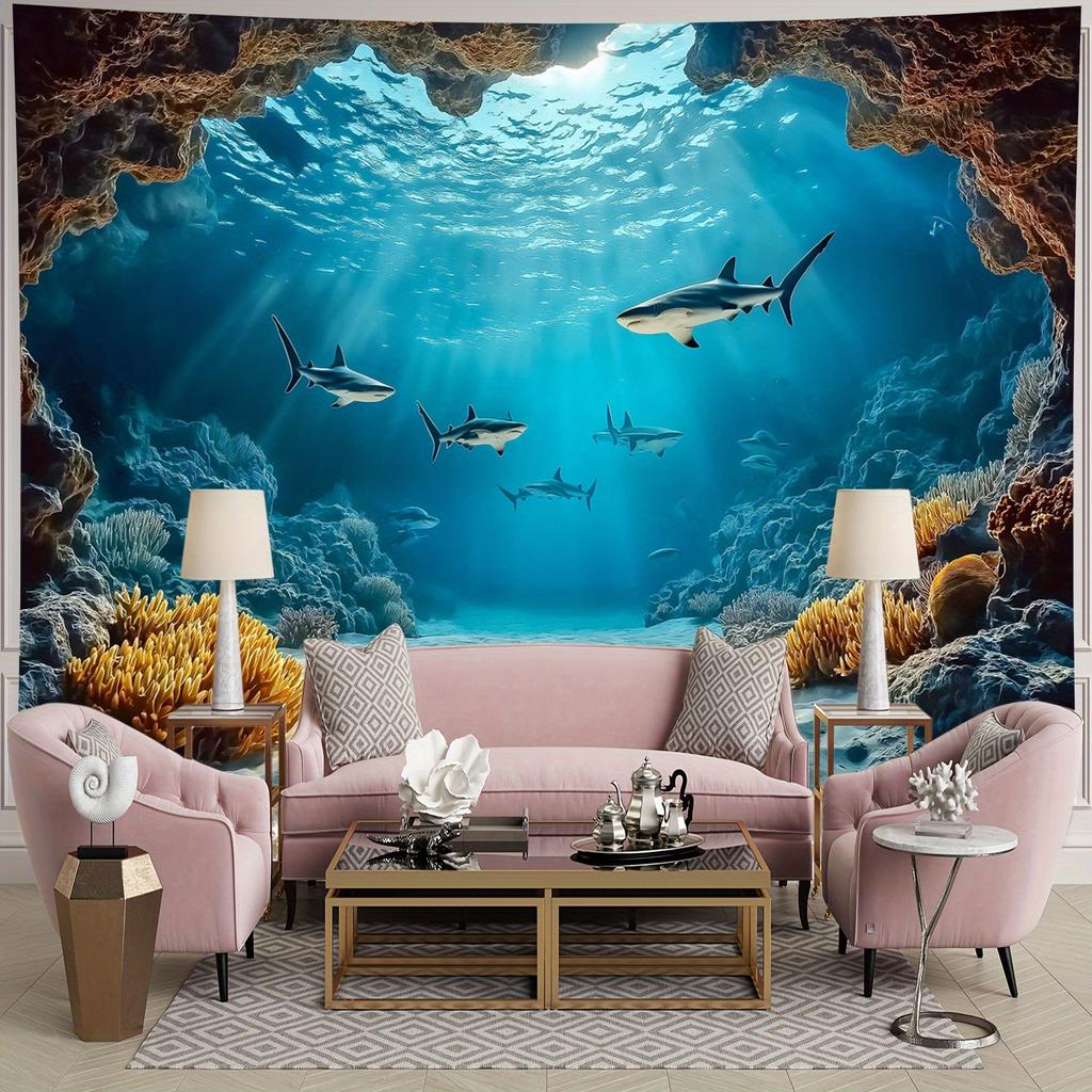 Oceanic Serenity Wall Tapestry For Living Room Decor, Featuring A Stunning Underwater Scene With Graceful Sharks Swimming