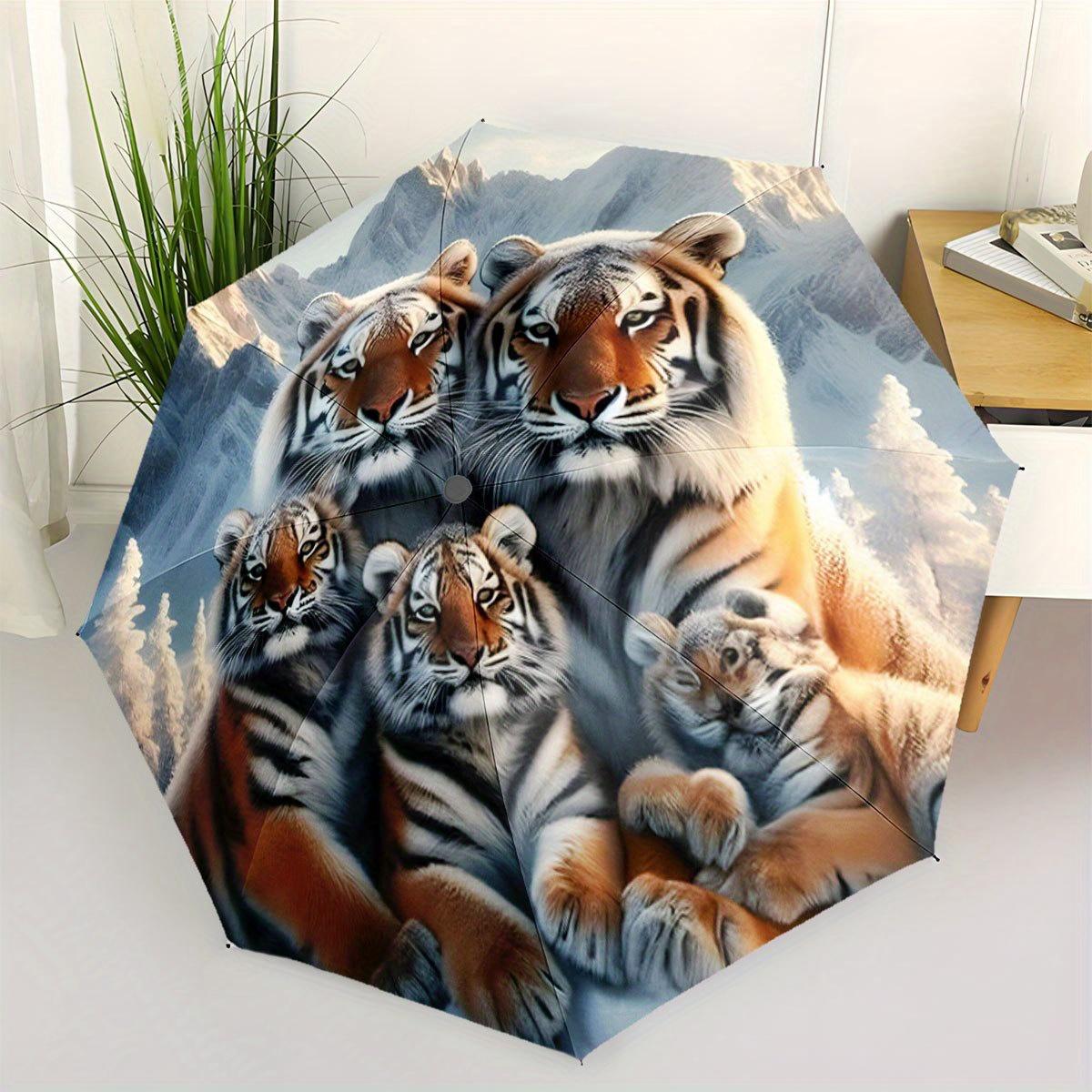 Automatic Folding Umbrella with Majestic Tiger & Snowy Mountain Design - Portable Collapsible 8-Rib Umbrella, Durable Iron Fra