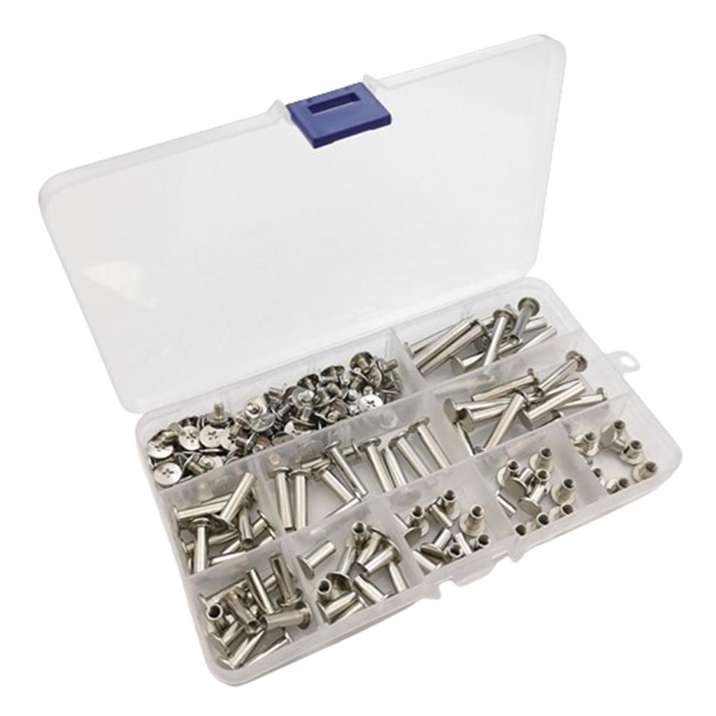 90Sets Round Flat Head Chicago Screws Buttons Metal Studs Rivets Stainless Steel Post Binding Screw for Leather Crafting