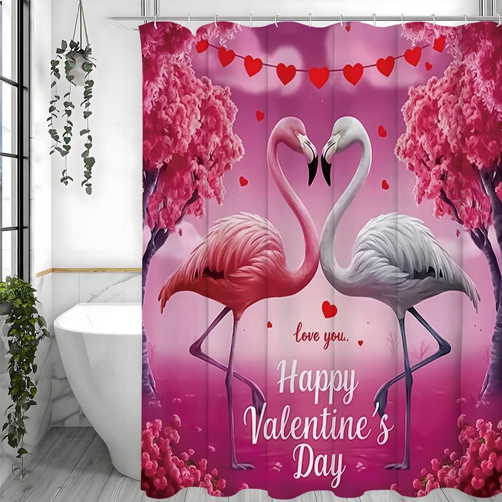 Valentine's Day Flamingo Pink Tree Shower Curtain, Bathroom Decorative Shower Curtain, Waterproof Shower Curtain with Hooks