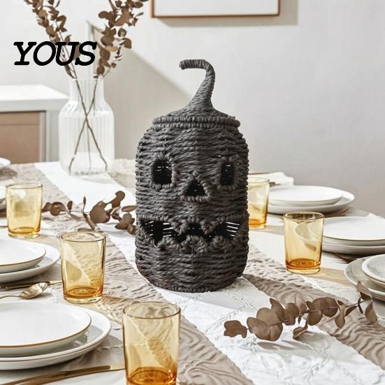 Rustieke Zeegras Opbergmand Handgeweven Halloween Pompoenmand, Spookachtige Snoepmand met Deksel, Vintage Rotan Seizoensgebonden Verlichte Lantaarn voor Veranda Display