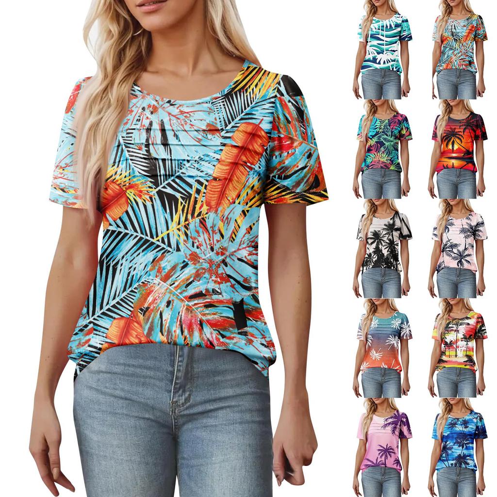 Women's T-shirt Short Sleeve Tops Elegant Casual Shirt Spring Summer Outfit Flowy Pleated Front Round Neck Summer Tops
