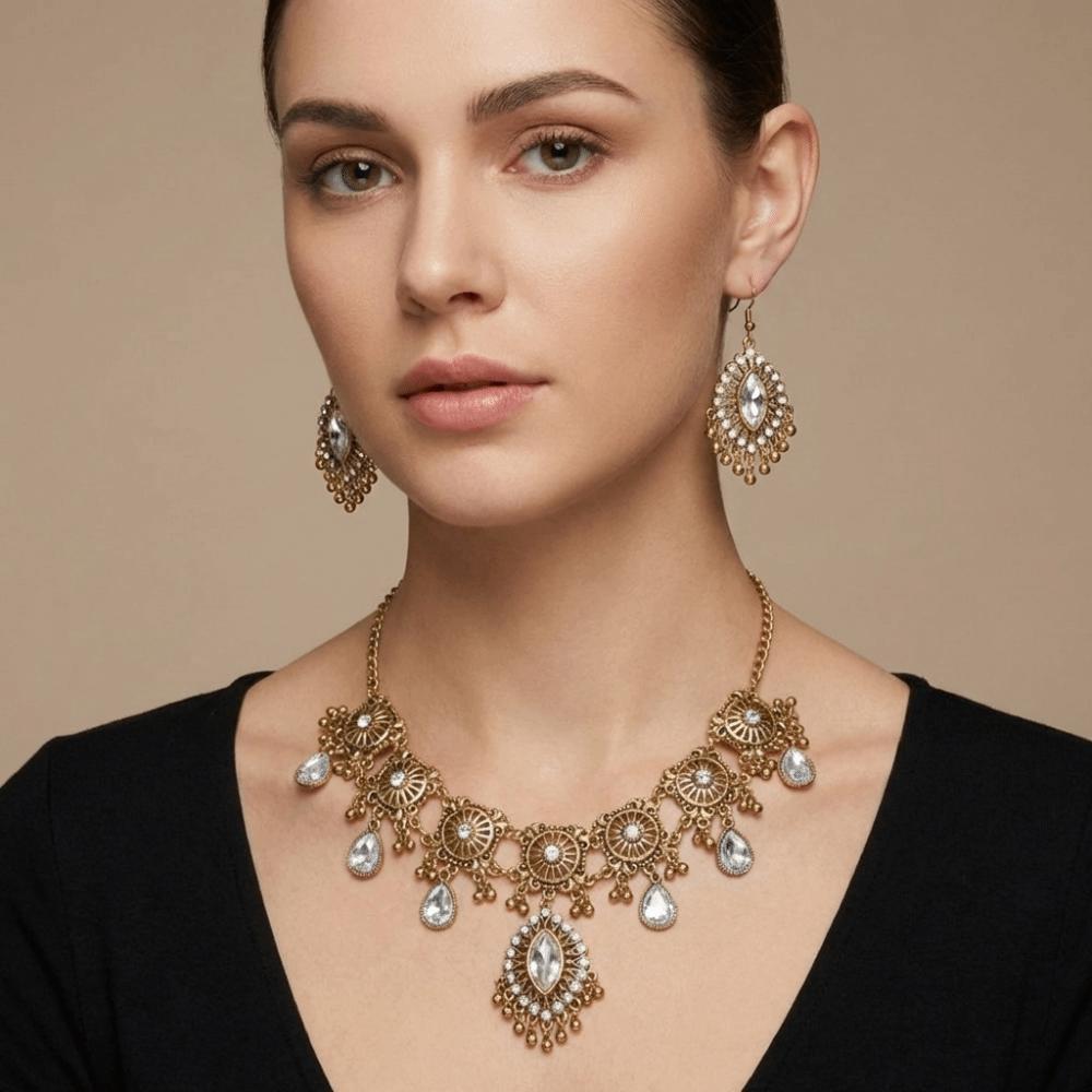 Metal Rhinestone Jewelry Set Bohemia Style Ethnic Style Necklace Set Necklace Earrings Set Women