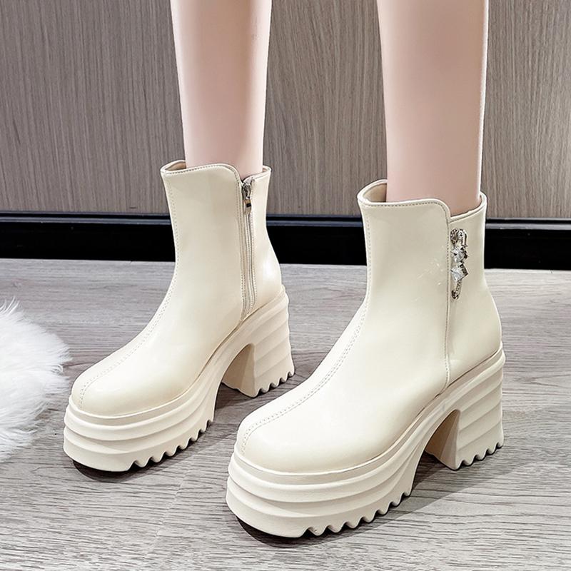 Platform Women Ankle Boots Crystal Leather High Heels Fad Shoes Designer Motorcycle Boots 2025 Trend Chunky Pumps Botas Mujer