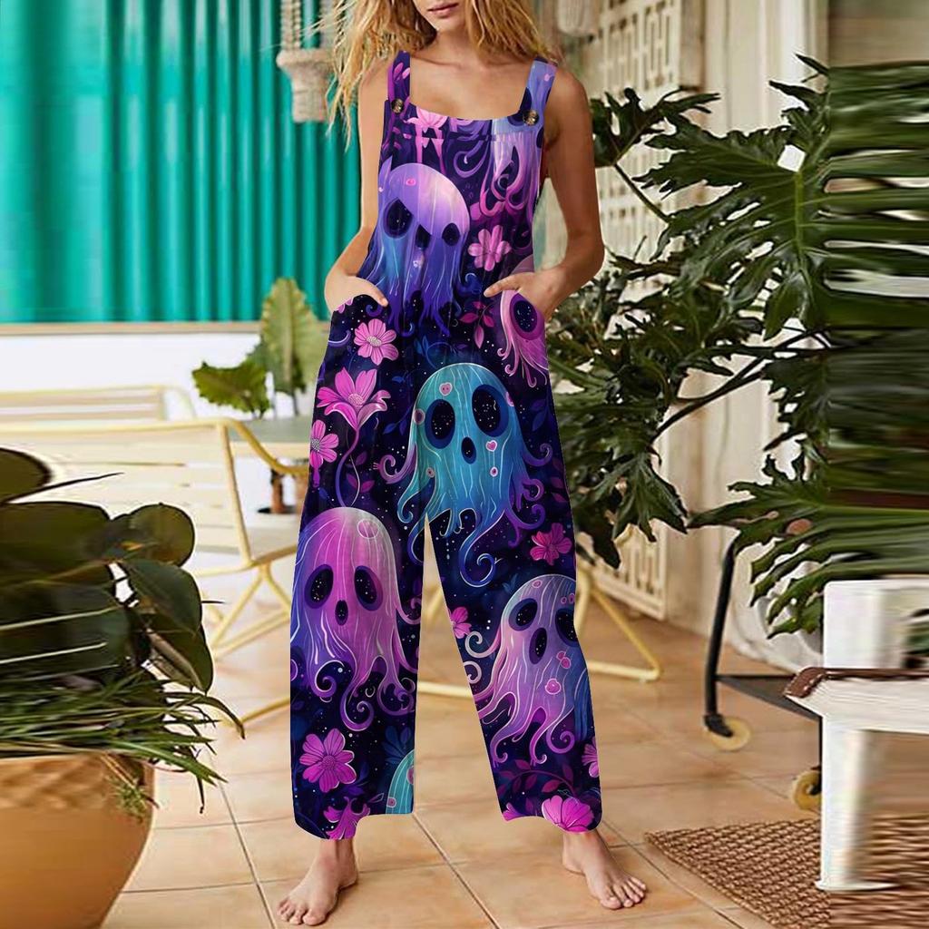 Dámský ležérní overal s halloweenským potiskem, bavlněný overal bez rukávů s potiskem