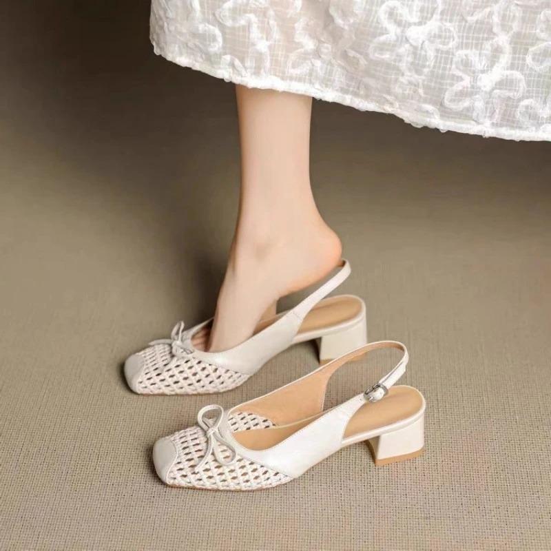 Retro Square Toe Woven High Heeled Sandals Summer Fashionable Breathable Single Buckle Thick Heeled Women's Shoes