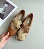 Sheepskin Version Inner Height-increasing Shoes Genuine Leather Retro Camellia Shallow Mouth Single Shoes Female Pig Nose Cross Belt Mary Jane Shoes