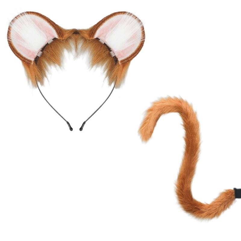 

Mouse Ears and Tail Set Furry Cats Ear Headband with Wolf Foxes Tail Halloween Animal Cosplay Costumes Adult Teen Kids