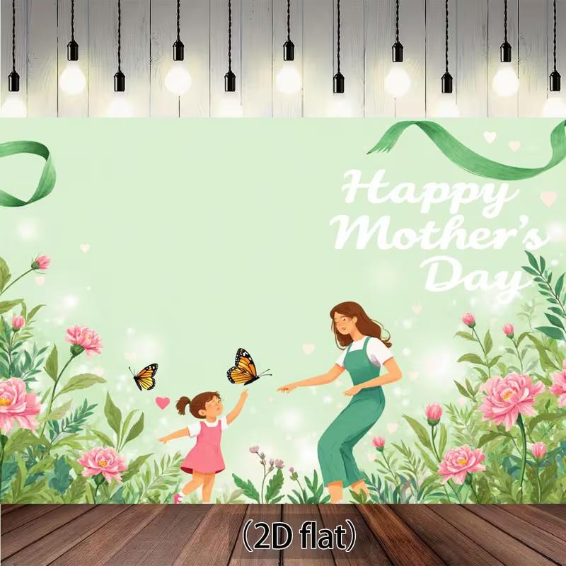 Sweet Mother's Day Tapestry, Soft Green Background with Mom and Daughter Playing Among Flowers, Warm and Loving Wall Art