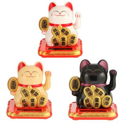 Chinese Lucky Cat Solar Powered Maneki Neko Wealth Waving Shaking Hand Fortune Welcome Cute Cat Sculpture Statue Decor Figurines