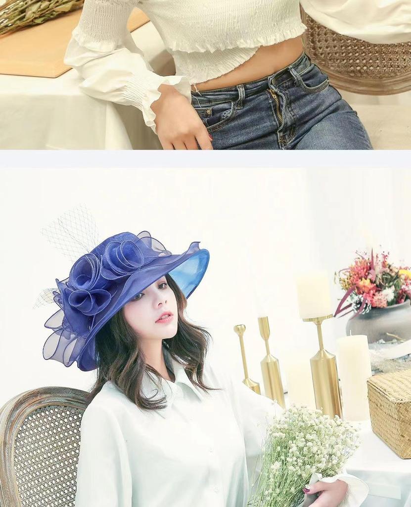 Women's Vintage Organza Sun Hat with Mesh Flower Details