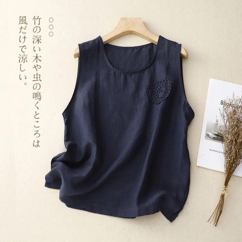 Women's Linen Sleeveless Tank Top with Lace Patch Loose Casual Top