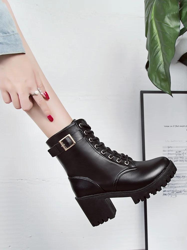 Autumn new single boot lace up black round toe thick heel high-heeled belt buckle women's short boots trend