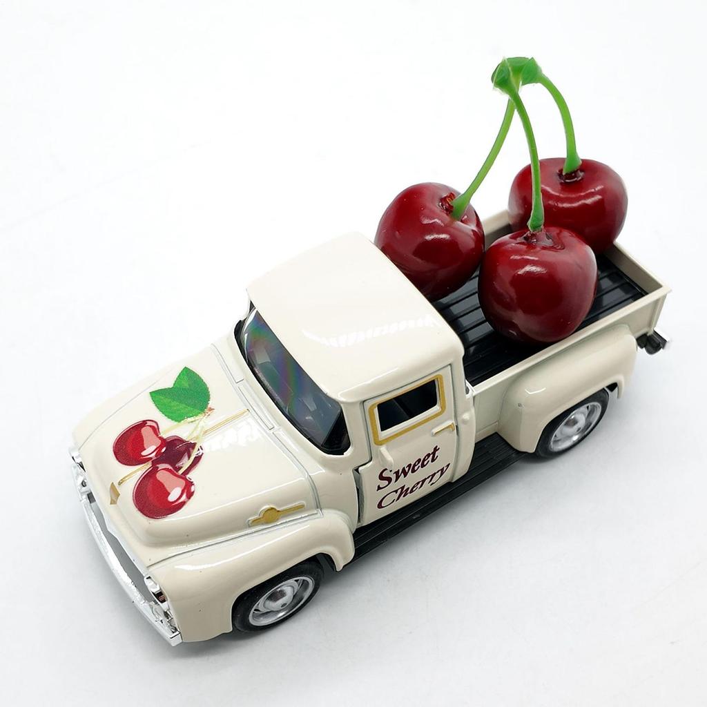 Vintage Truck 3pcs Car Figurine Model Truck Carry Fake Fruits Creative Vehicle Tabletop Ornament For Display Classroom Kitchen