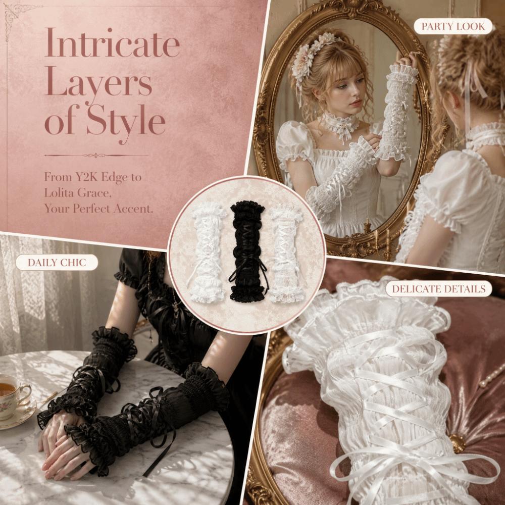 Ruffled Lace Women's Arm Warmers Yarn Knitted Wrist Cuffs Lace Arm Sleeves  Anime Costume