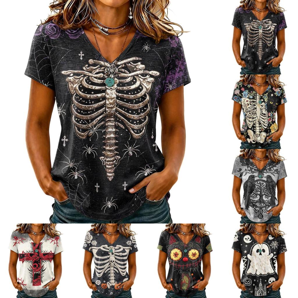 T-shirt d'Halloween pour femme à col en V et manches courtes, Haut décontracté élégant et confortable