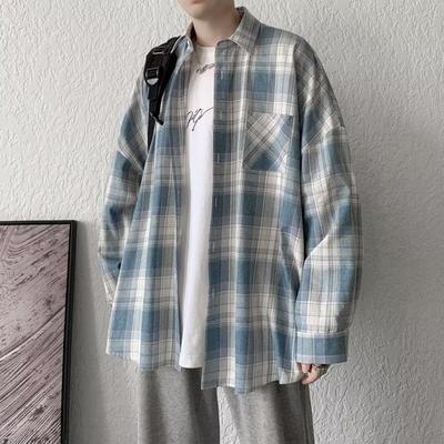 Chemise à carreaux rétro style Hong Kong pour homme, ample, à manches longues, style coréen, tendance, à volants, beau, manteau fin polyvalent, chemise style japonais