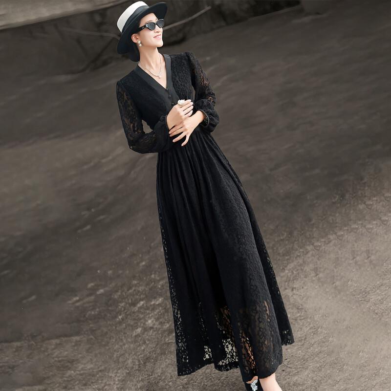 Lanser 2026 Frühling Französisches Retro-Spitzen-V-Ausschnitt-Langkleid