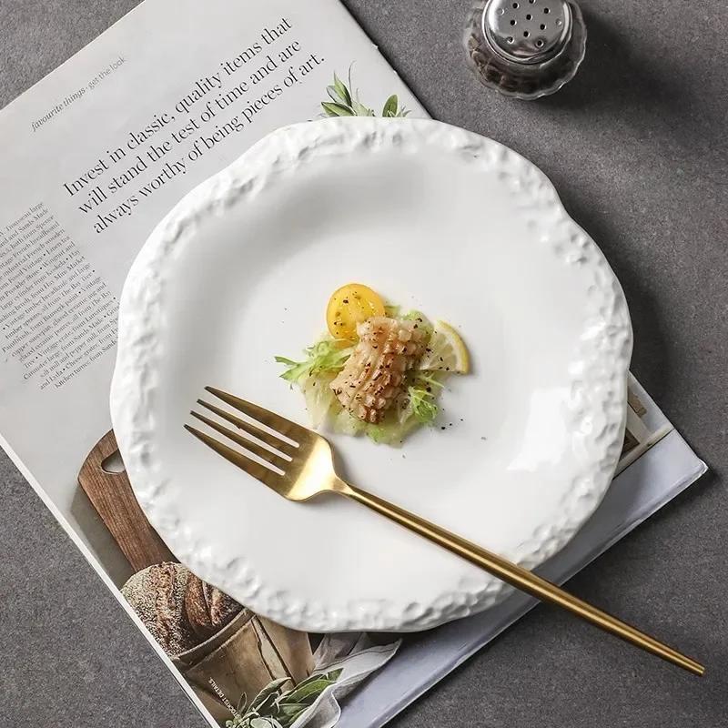 Circular Solid Color Ceramic Plate, 8-10 Inch Rock Patterned Relief Edge Dessert Plate, High-end Hotel Restaurant Tableware