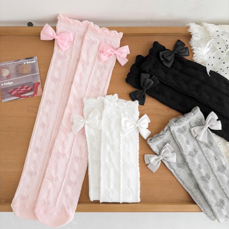 Girls Knee High Long Socks White Color Princess Love Bow Calf Socks Spring Summer Thin Mesh Breathable Kids Stockings 3-8Years