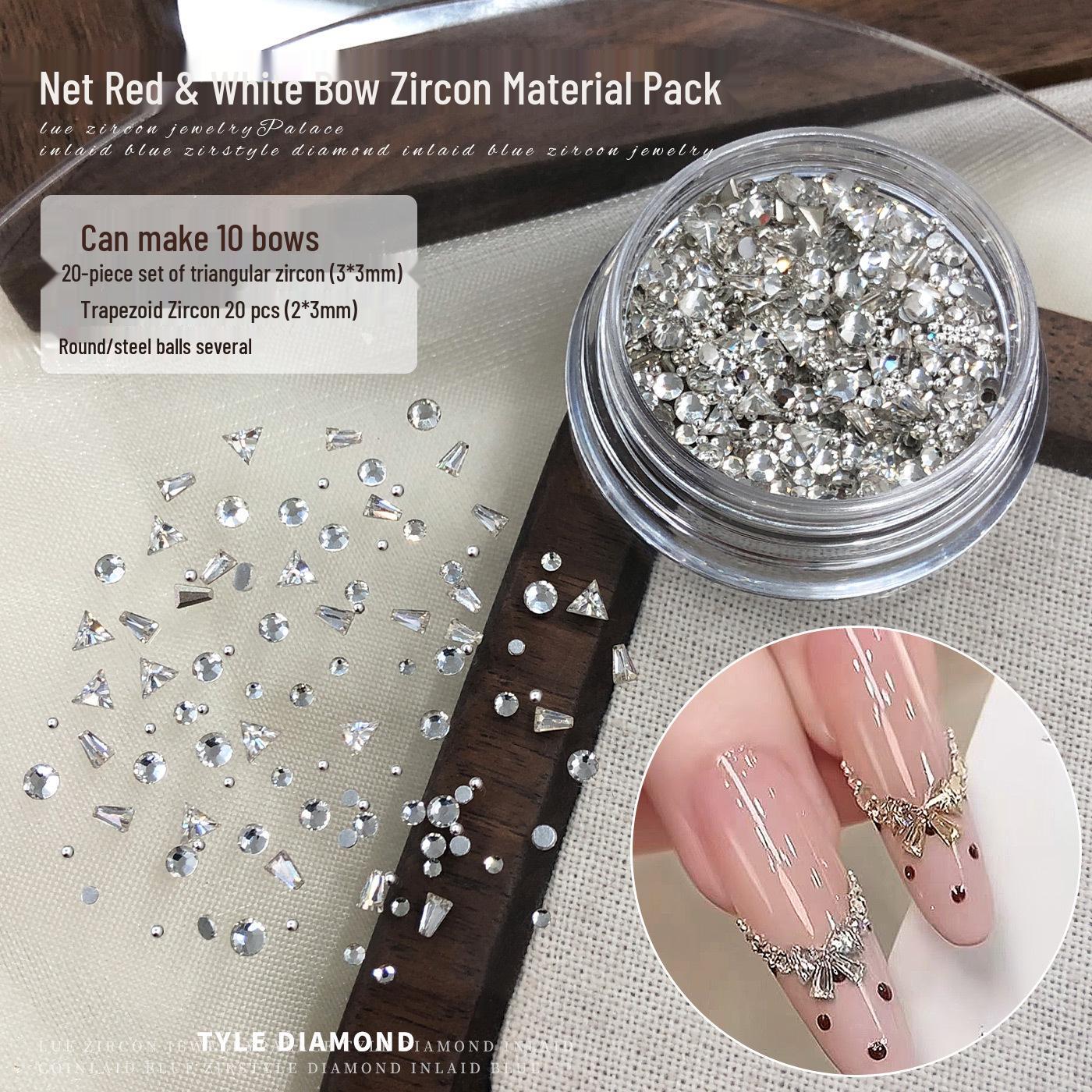 Handcrafted Zirconia Nail Art Kit with Sparkling Translucent White Triangles, Trapezoids & Rhinestone Beads