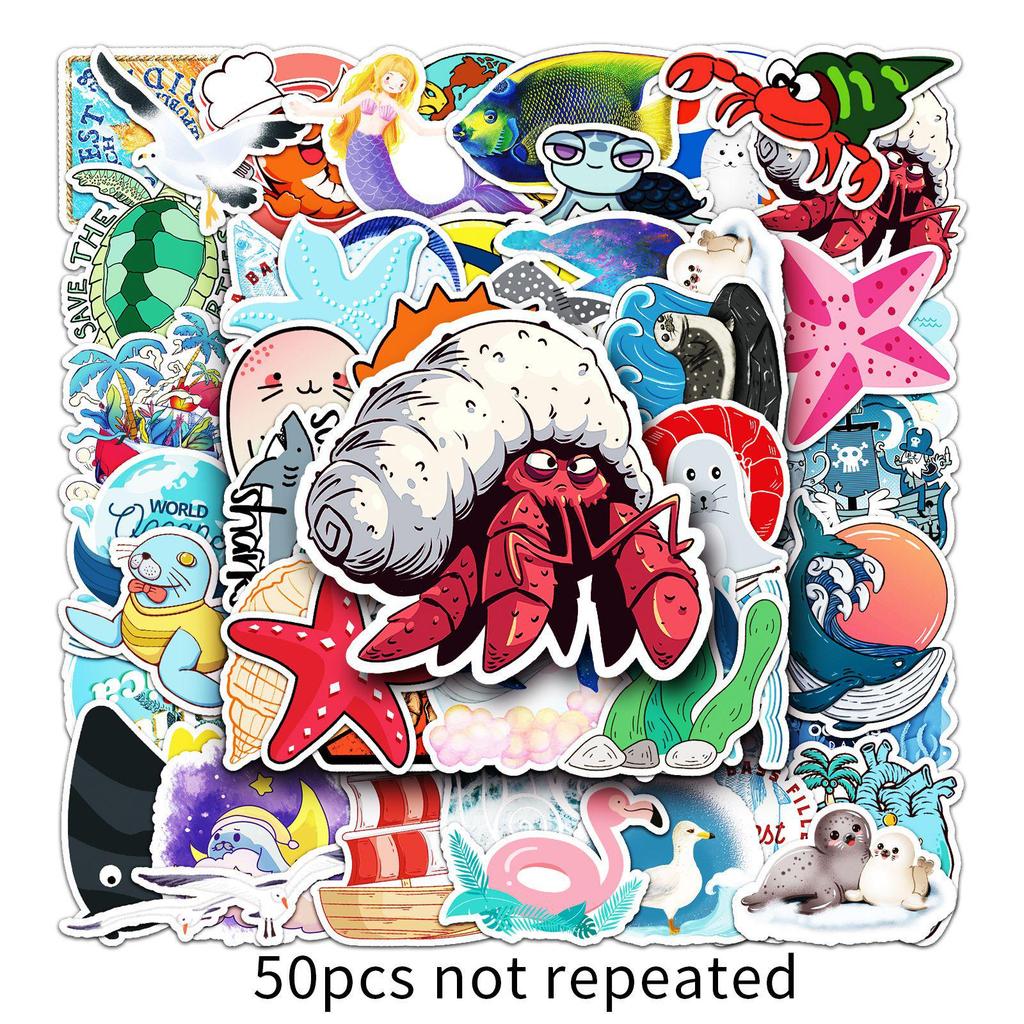 50 Cartoon Marine Life Stickers - Waterproof, Decorative for Suitcases, Notebooks, Scooters & Cars