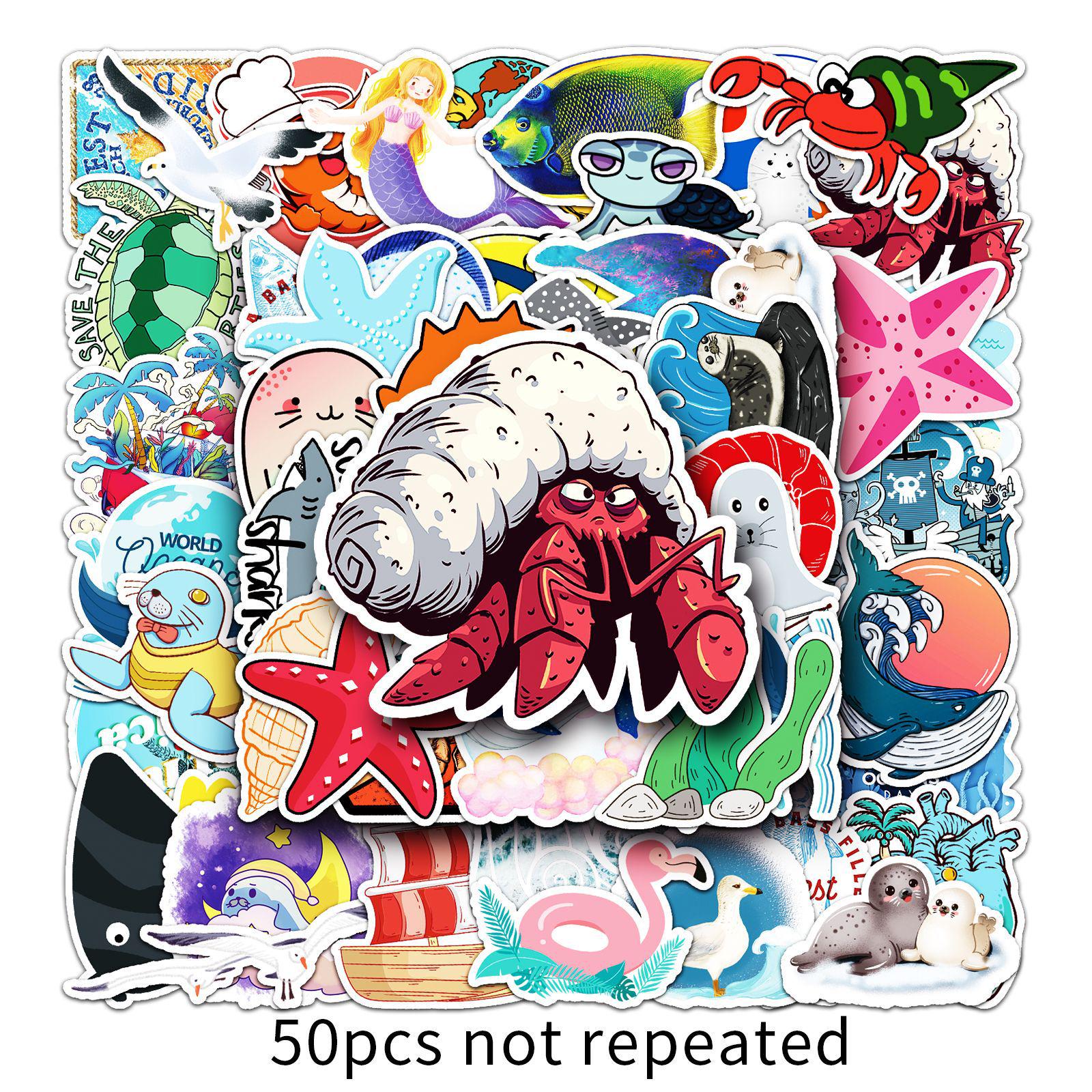 Ocean-Themed Cartoon Creature Stickers - 50 Sheets for Suitcase, Notebook, Planner, and Car Decoration 5.5-8.5 cm