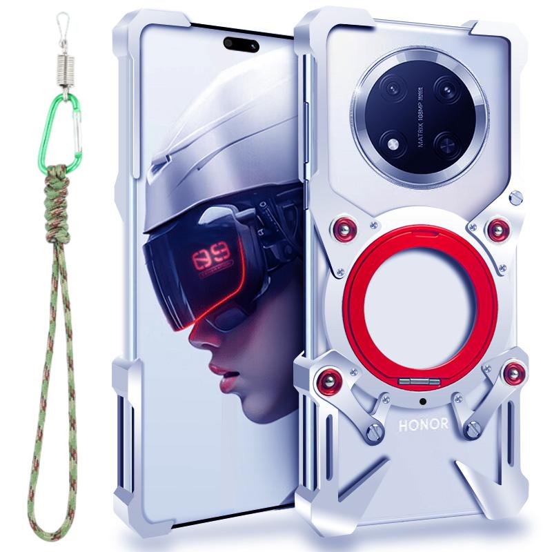 

For Honor Magic7 Lite 5G/X9c 5G/X60 Pro 5G Bumper Case Kickstand Aluminum Alloy Magnetic Phone Cover with Wrist Strap B