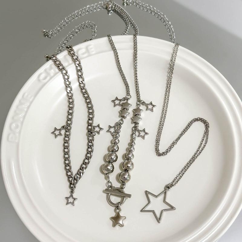 3pcs/set Layered Star Necklace Silver Hollow Star Pendant Neck Chain Fashion Neckwear Jewelry Gift for Women and Girls