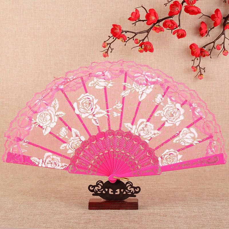 

Wedding Hand Fan Lace Dancing Fan for Woman Decorative Handheld Fan for Women Party Clothing Accessories with keychain ярко-розовый