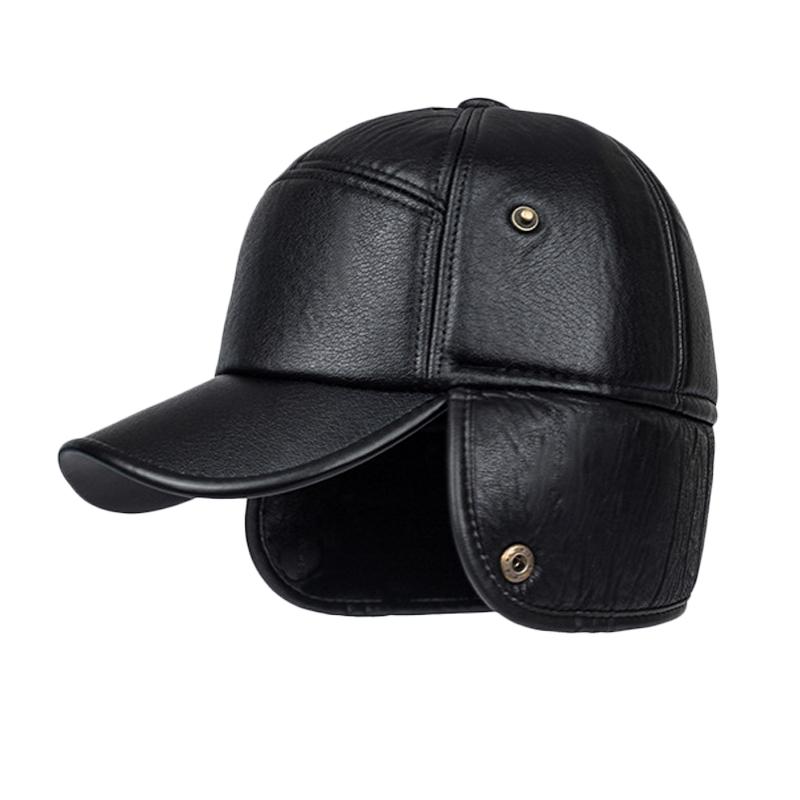 Middle-Aged and Elderly Cap Men's Winter PU Baseball Cap Warm Ear Cap Waterproof Old Father Cap