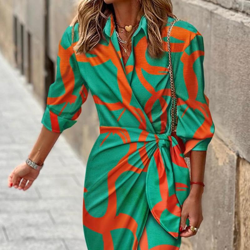 New Shirt Printing Pattern, Bright and Vibrant Lapel Dress, Feminine Temperament, All-match Commuter 8079