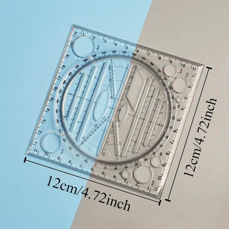 1/2pcs Multi-Functional Geometry Drawing Ruler, Transparent Protractor, Rotatable Ruler, 3D Scale Ruler for Drafting