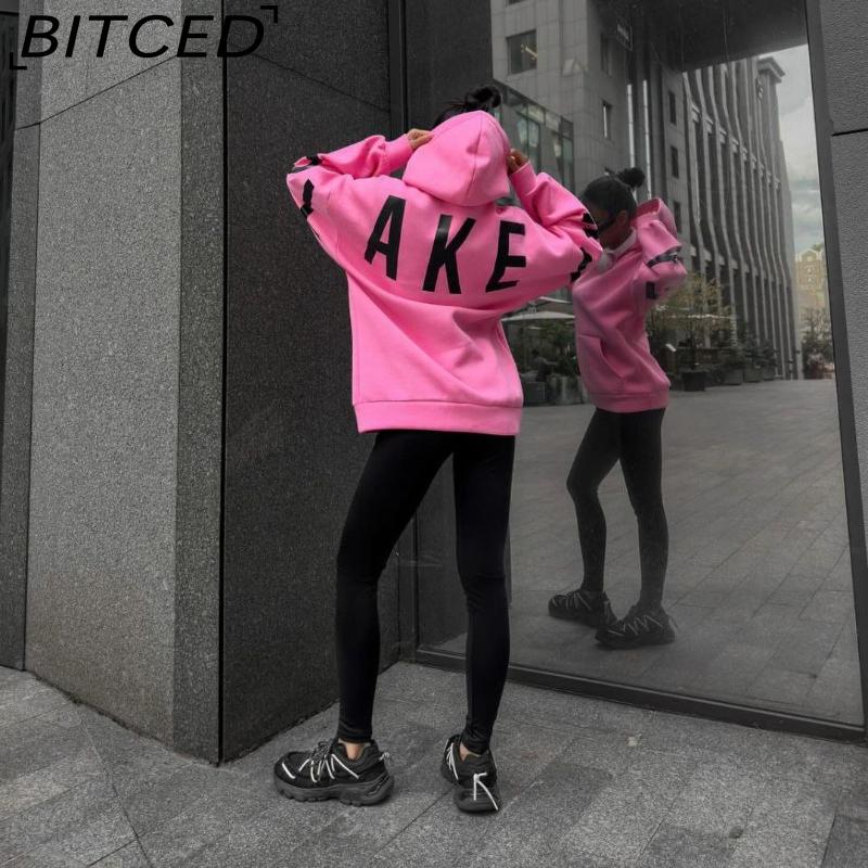 BITCED Damenmode Print Verdicktes Vielseitiges Langarm Oversize Kapuzensweatshirt