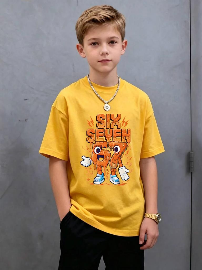 Six Seven 67 Italian Brainrot Funny Kids Short Sleeve T Shirt Summer Crewneck Cute Cartoon Hot Age 3-14 Boys Girls