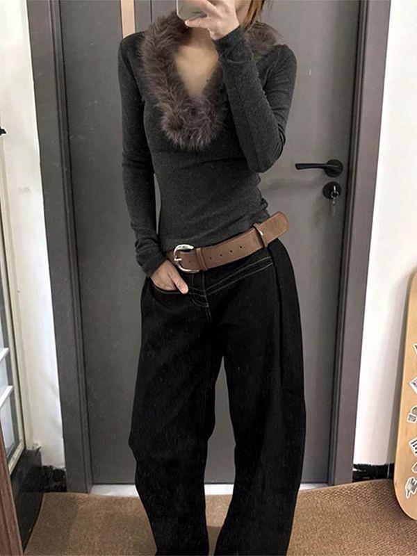 Women's Korean V-Neck Long Sleeve Slim Fit T-Shirt with Fur Collar - Spring 2026 Edition
