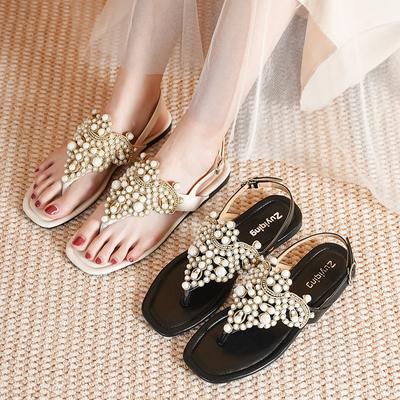 Fashion Sandals Women 2024 Rhinestone Pearl Flat Bottom Shoes Square Toe Flip Flops Sandales Femmes Fashion Summer Beach Sandalias Shoes