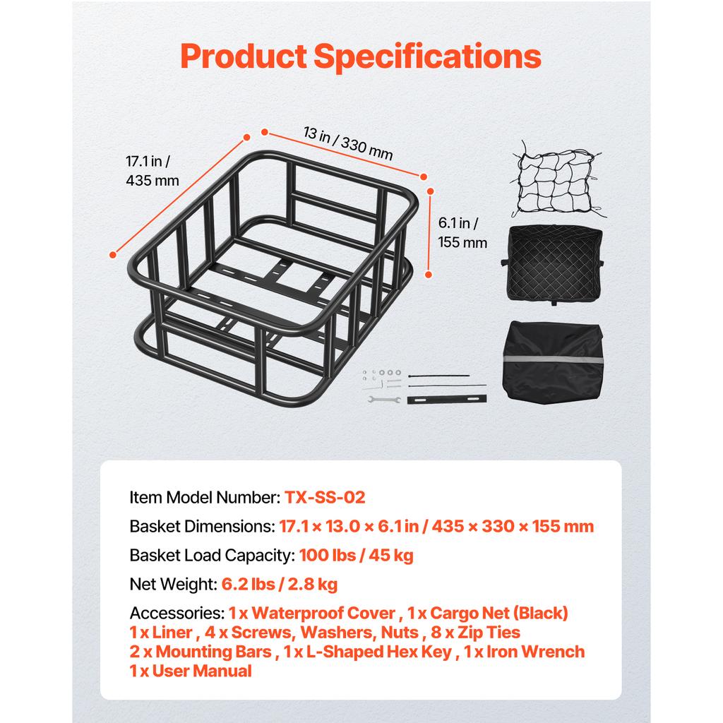 SucceBuy Rear Bike Basket Medium Bicycle Basket with Cargo Net Liner & Waterproof Cover for Adult Carrying Pets Fruit & Grocery