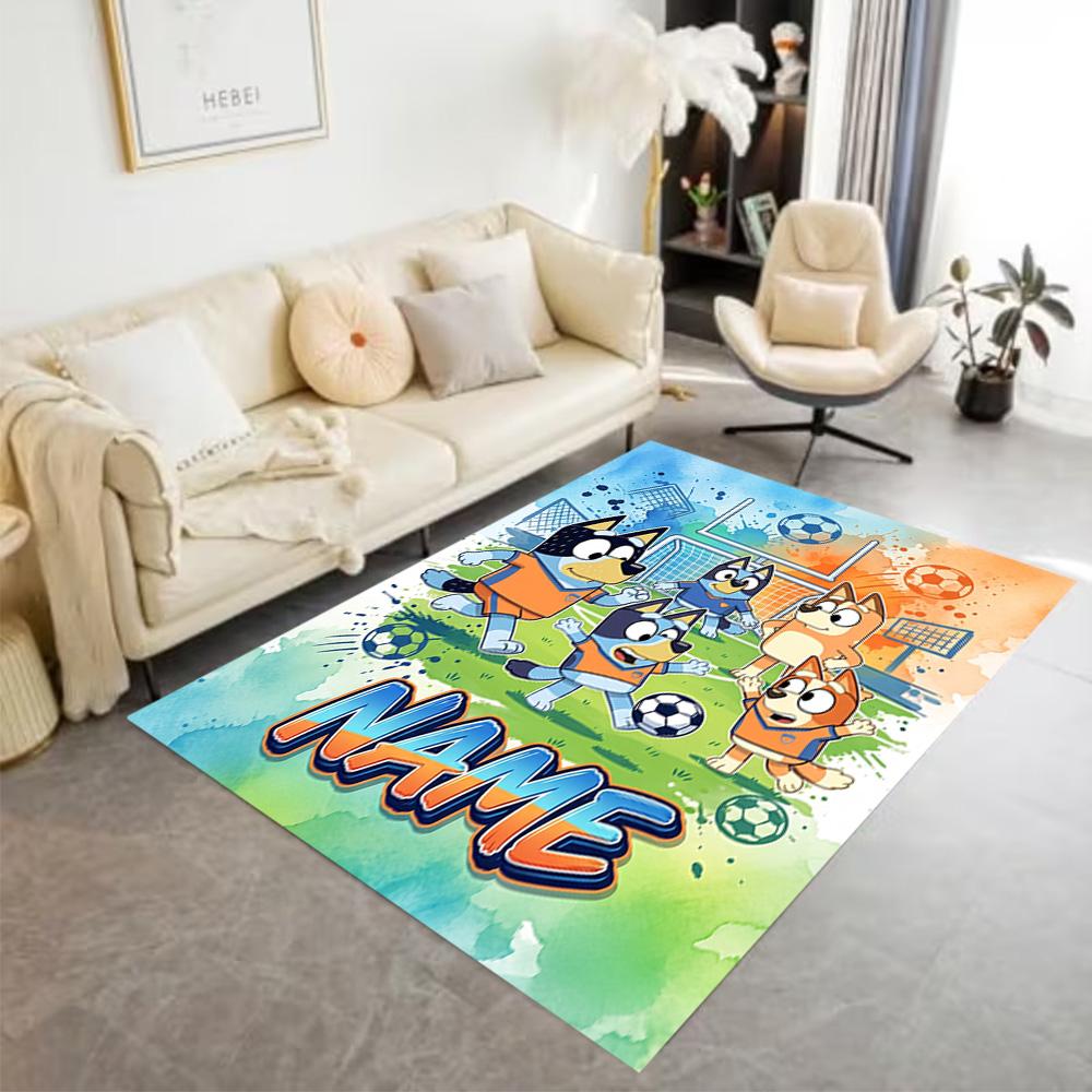 Bluey Soccer Fun Personalized Name Area Rug Design for Dining Room Balcony Dormitory Decorate room Anti-slip Rug Anime Office Decor Best for Christmas