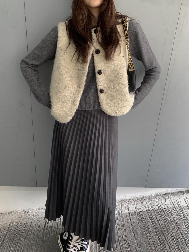 High-Waist Wool Pleated Midi Skirt, Slimming Fit, Textured, Korean Style