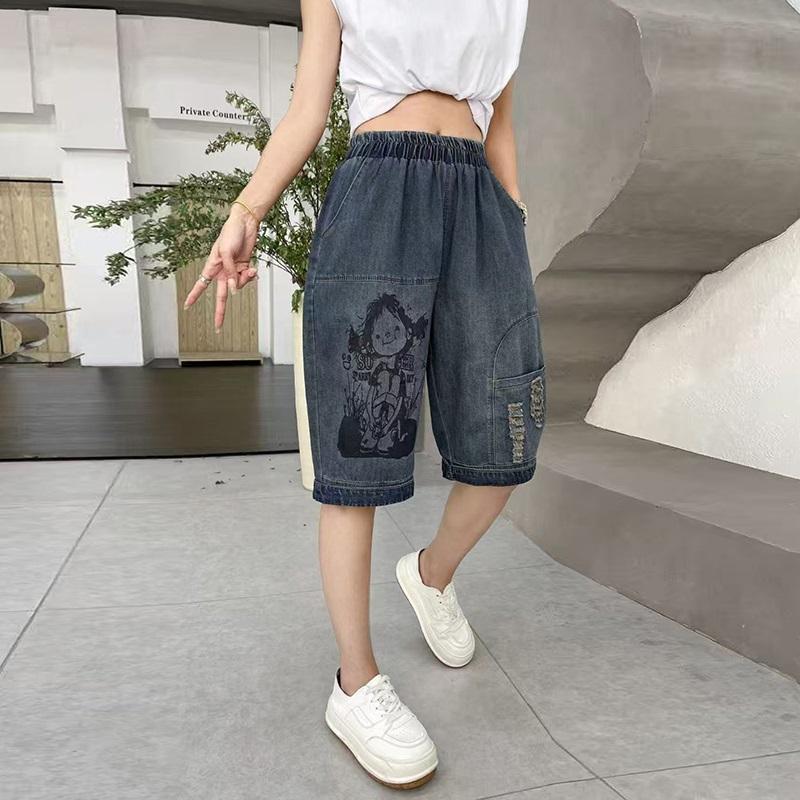 Plus Size Thin Vintage Ripped High Waist Casual Loose Women Summer Half Jeans Denim Harem Pants