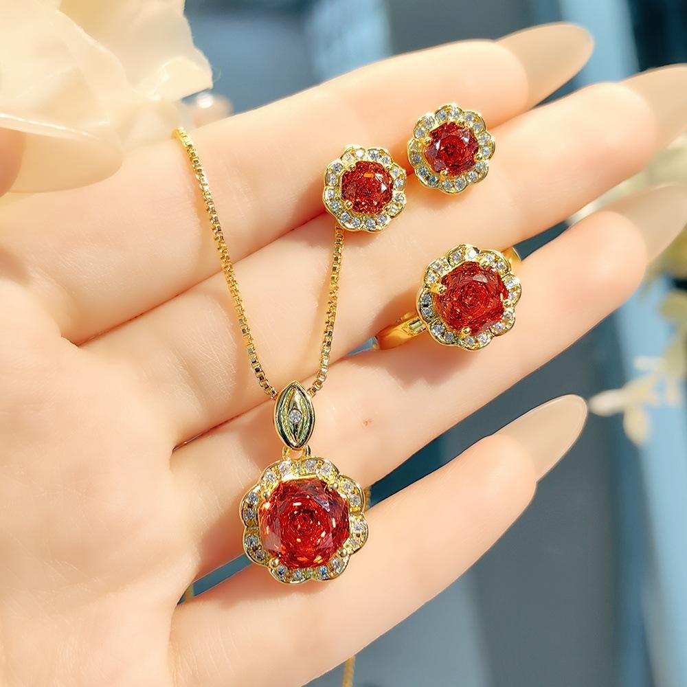 

2025 Fashion Trend Inlaid Zircon Jewelry Women s Set Necklace Pendant Color Diamond Earrings Colorful Ring 45CM