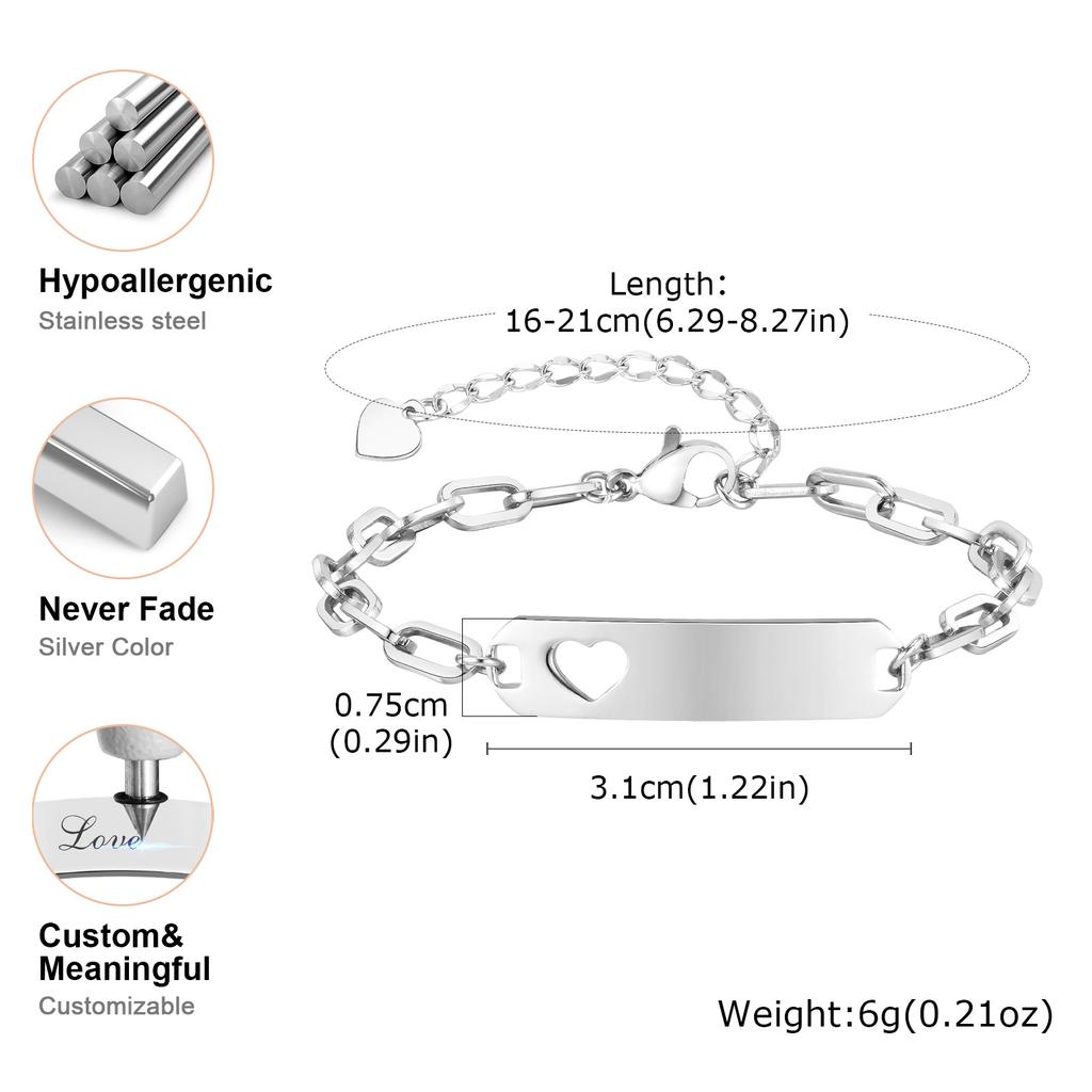 Free Engraving Name Heart Bracelet for Baby Kids, Hypoallergenic Stainless Steel Adjustable,Personalized ID Mom Daughter Gift