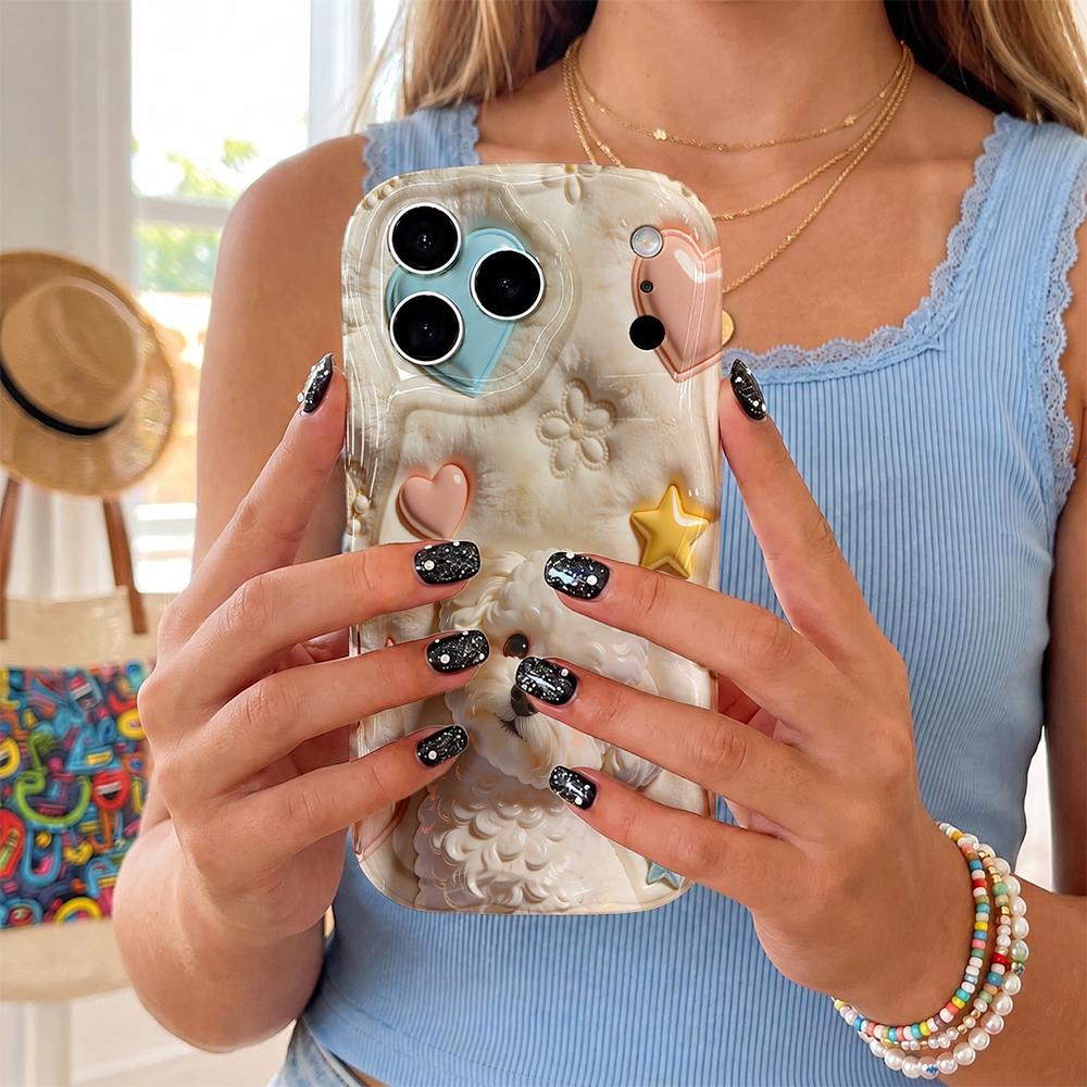 White Bichon Frise Heart Star Phone Case For iPhone 16 15 14 Pro Max 13 12 11 Wavy Edge Soft Cover