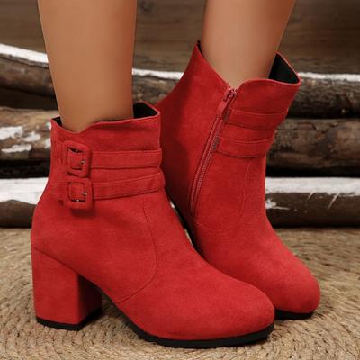 Belt Buckle High-heeled Fashion Boots 2025 Winter New Suede Block-heeled Booties