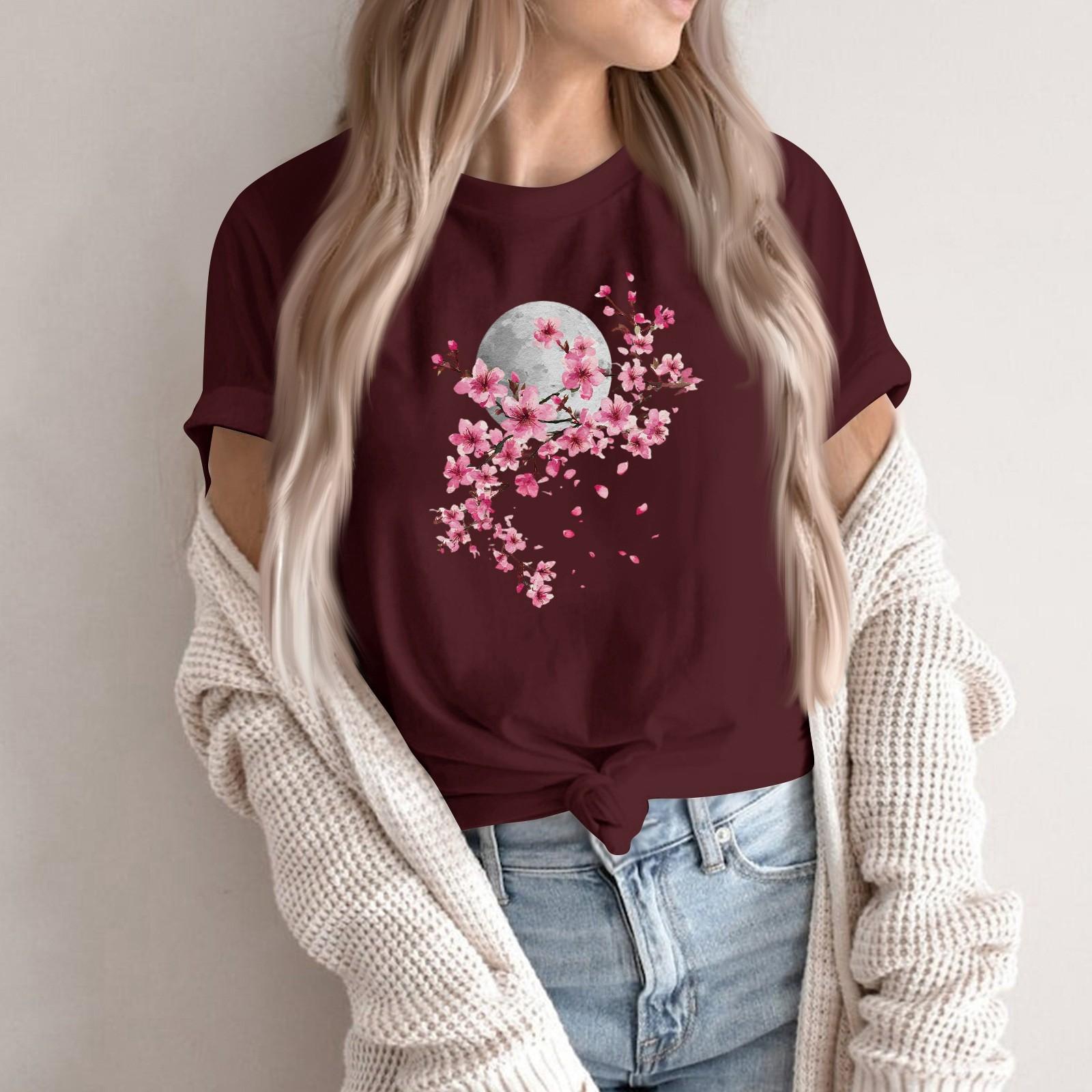 

Женская модная повседневная футболка-пуловер с принтом, круглым вырезом и короткими рукавами XL винный