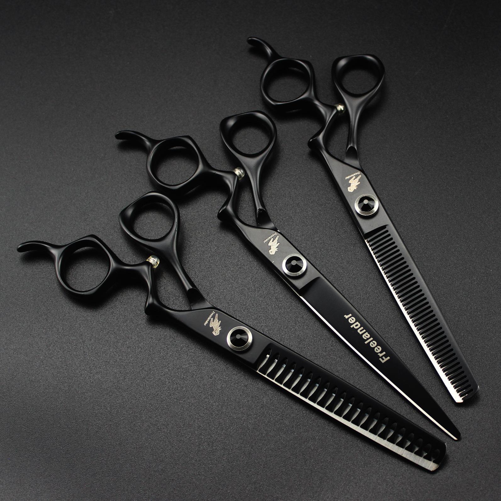 7.0 Inch, High-Grade Black Curved Handle, Gemstone, Flat Scissors, Tooth Scissors, Fishbone Scissors, Hair Scissors, Pet Scissors. 7inch black curved handle straight scissors