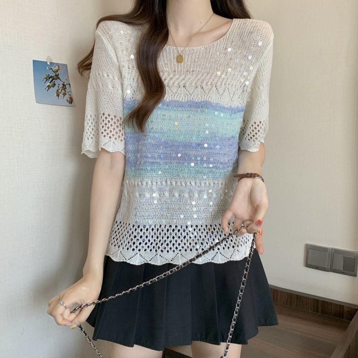 

Дофамин Радуга Полосатый Крючок Цветок Полый Трикотажная Рубашка Сияющий Короткий Рукав Женский Летний Блестящий Топ XL