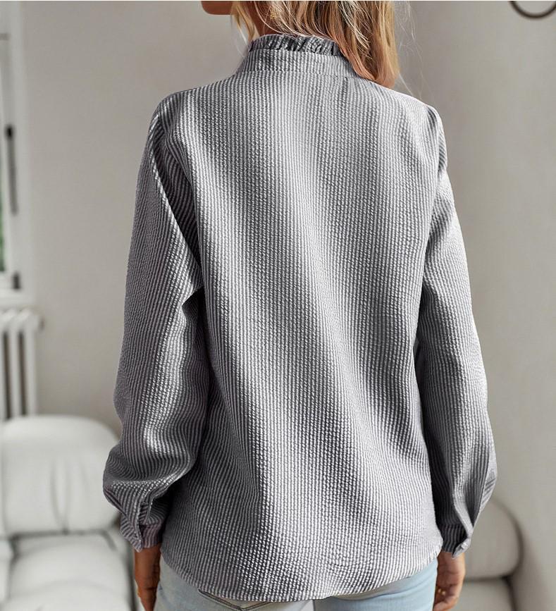 Cardigan Européen & Américain à Col Montant, Manches Bouffantes à Volants - Haut Uni à Manches Longues pour Femmes pour le Printemps & l'Automne